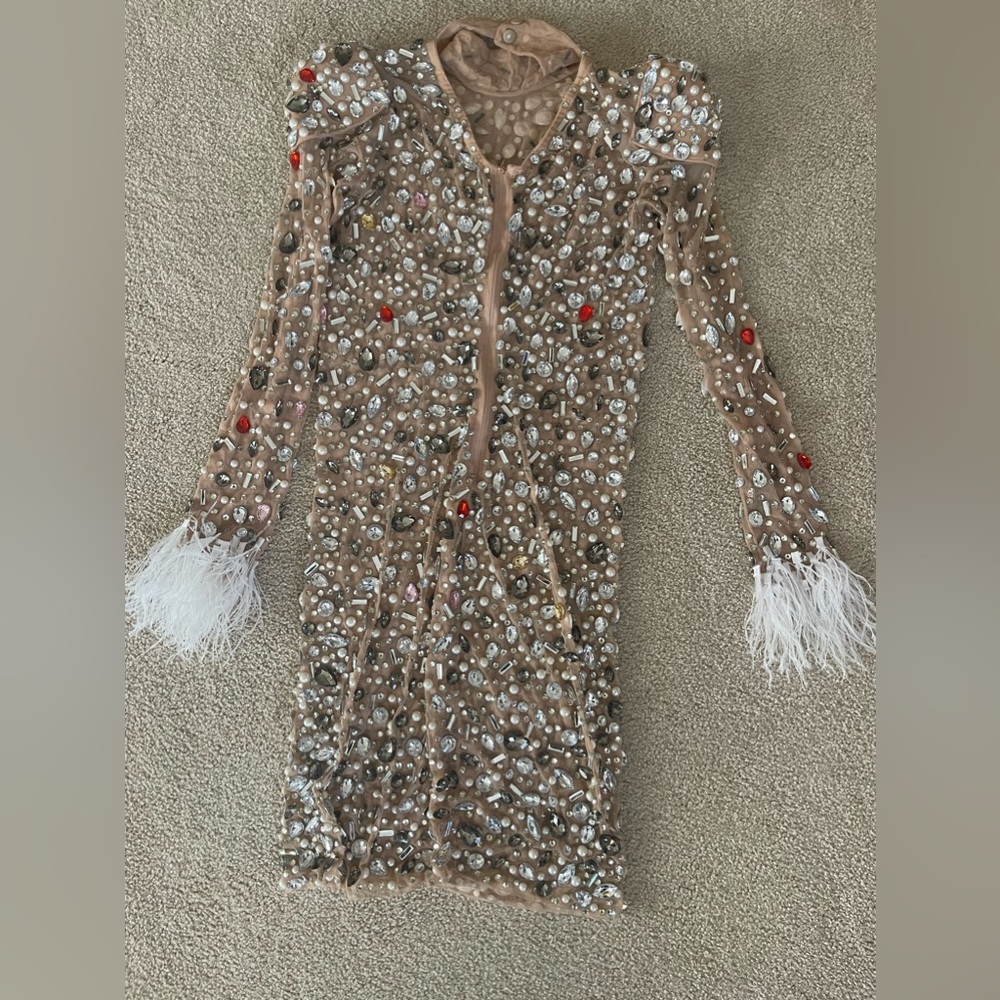Nude Midi Dress With Heavy Colorful Jewels